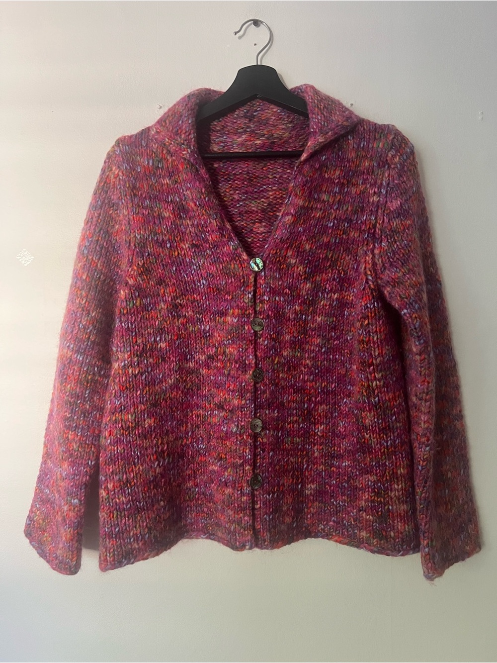 Pink multi Wool-Blend Button-Up cardigan Sweater, Womens M/L, Cottagecore woven